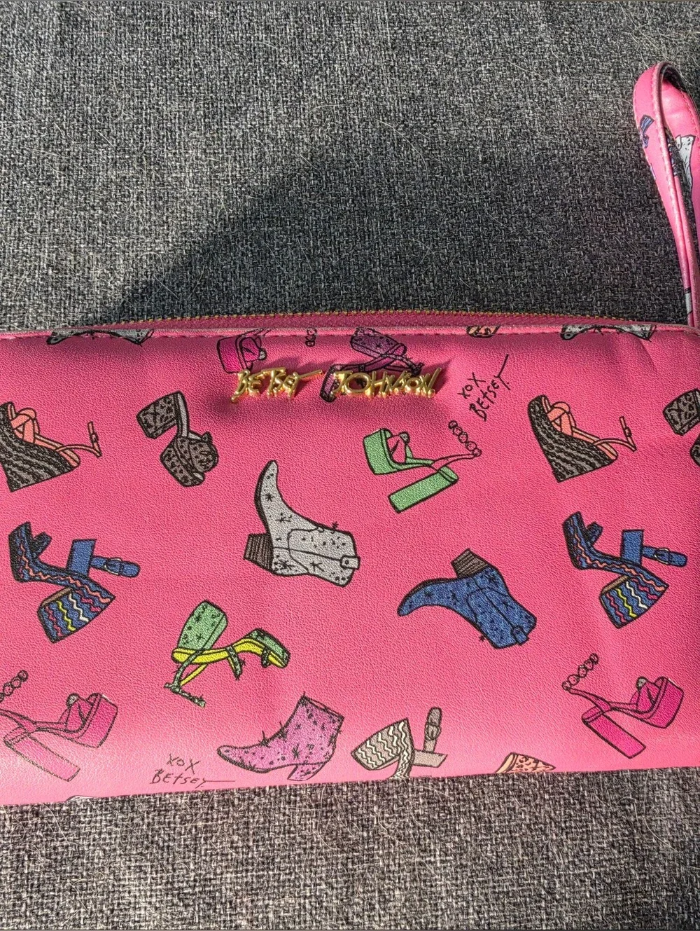 Betsey Johnson Pink Shoe-Pattern Wristlet with Gold Logo
